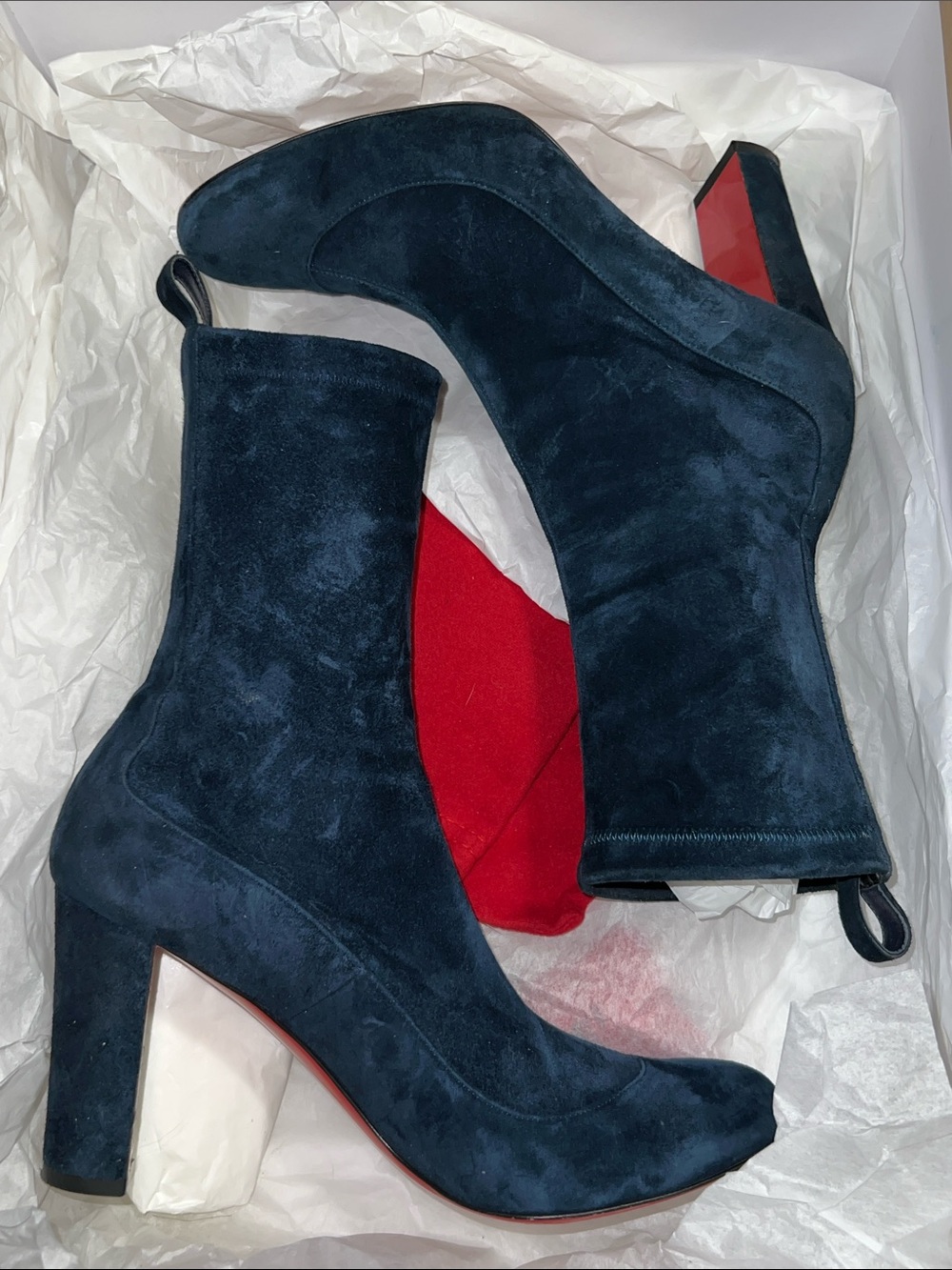 Christian Louboutin Black Suede Mid-Calf Heel Boots with Signature Red Soles